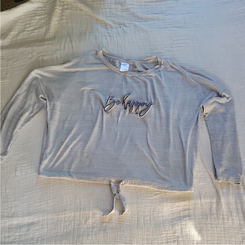 Gray Long Sleeve 'Be Happy' Tie-Front Top